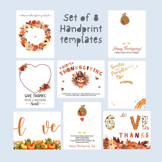 Set of 8 printable Thanksgiving handprint templates featuring turkeys, pumpkins, fall leaves, and heartfelt messages for kids’ crafts.