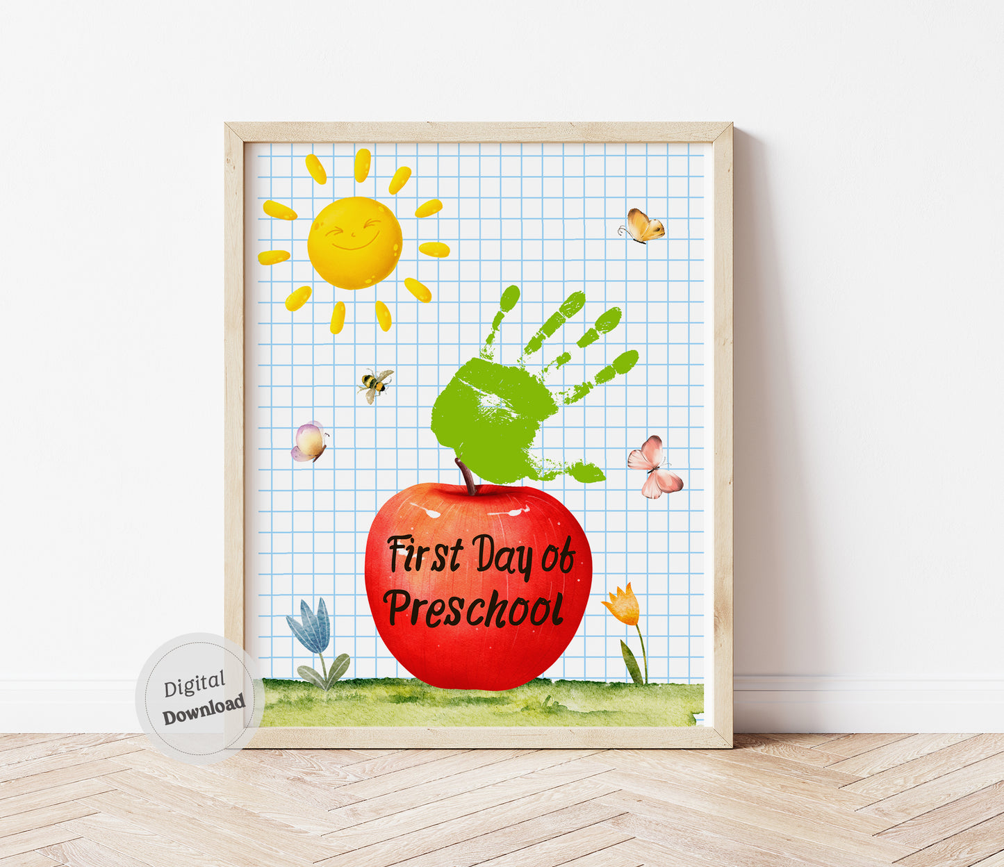 Apple handprint art printable 1st First Day of preschool