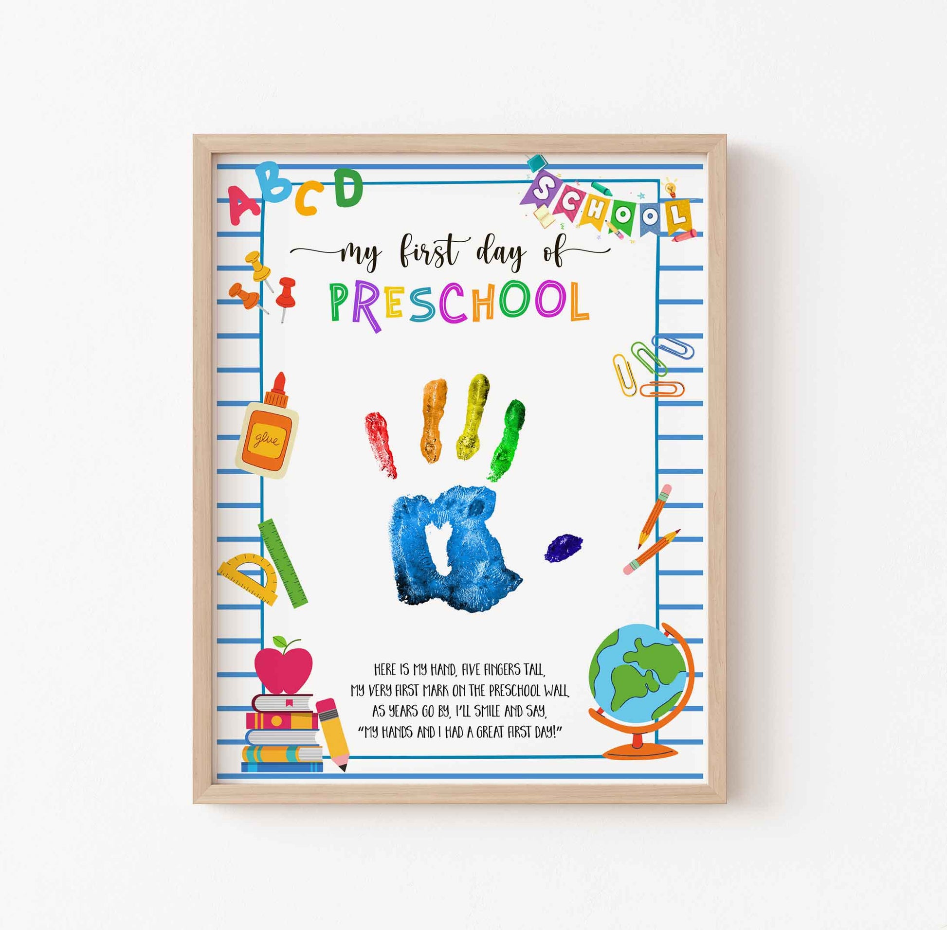 My First Day of Preschool printable handprint template, digital back-to-school art file for kids to add handprint