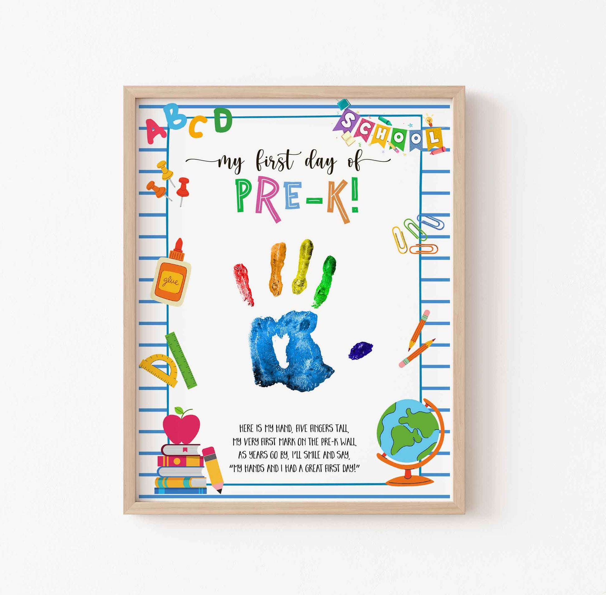 Printable handprint template for first day of Pre-K, colorful digital school-themed art file for preschoolers to add their handprint