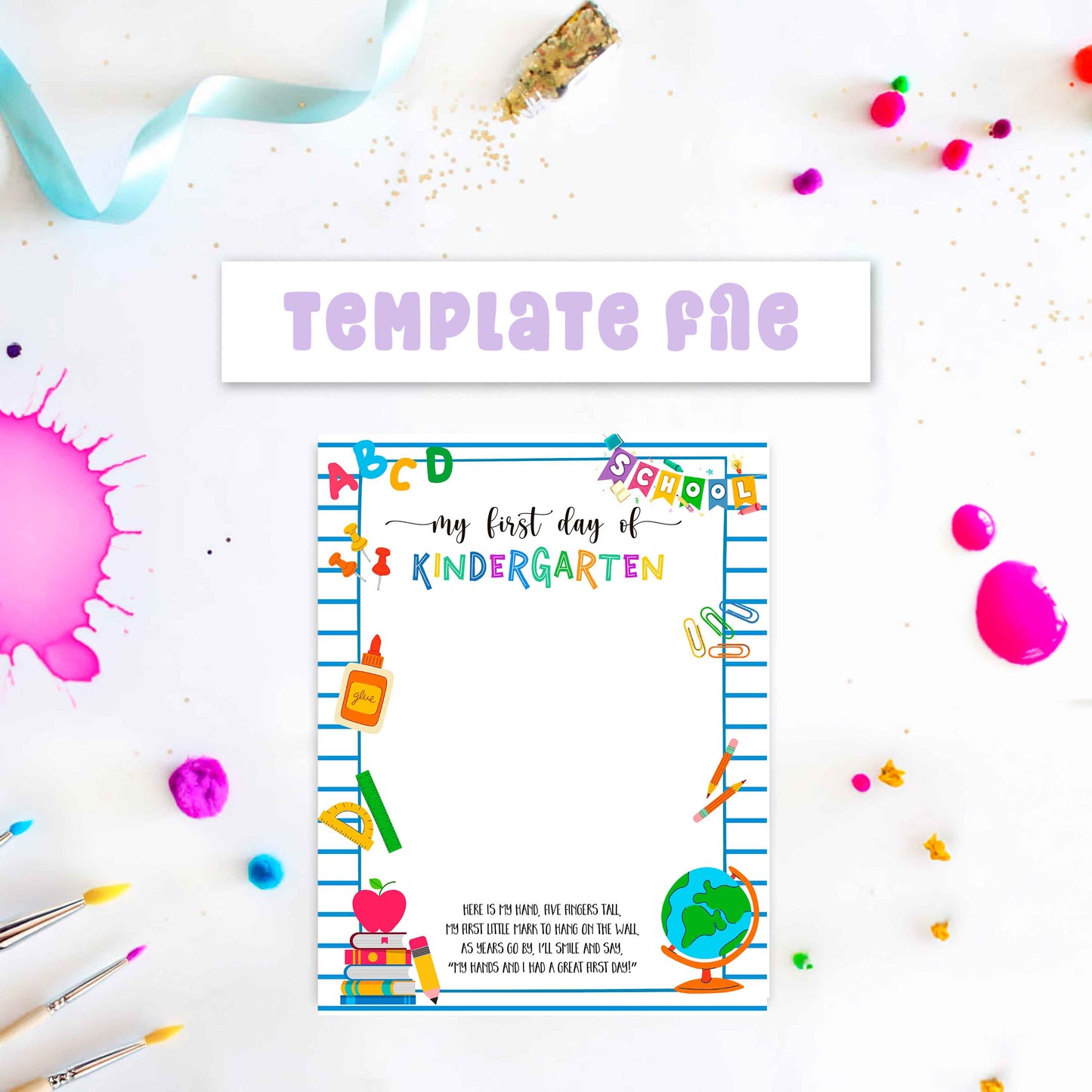 My First Day of Kindergarten printable handprint template, digital back-to-school art file for kids to add handprint as keepsake