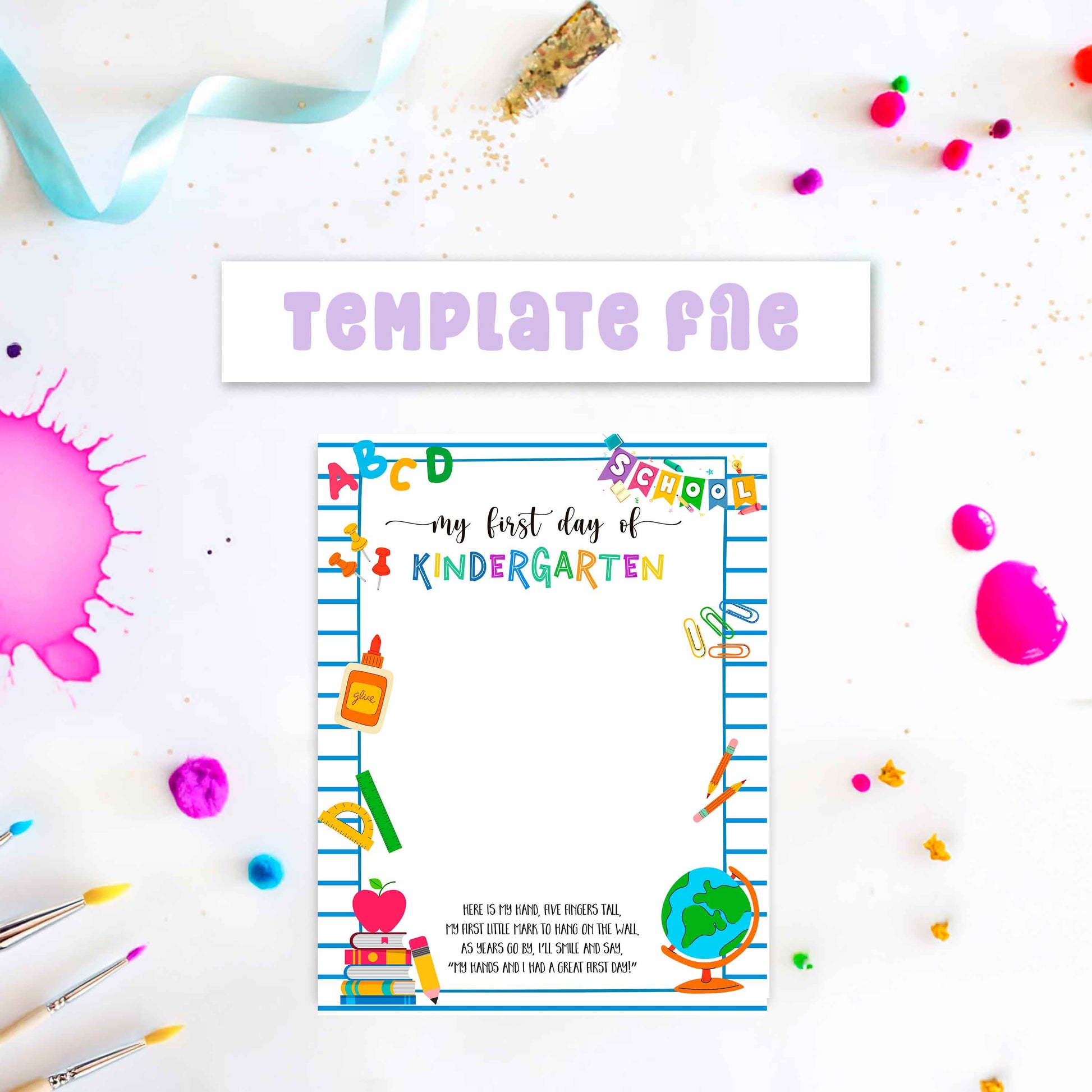 My First Day of Kindergarten printable handprint template, digital back-to-school art file for kids to add handprint as keepsake