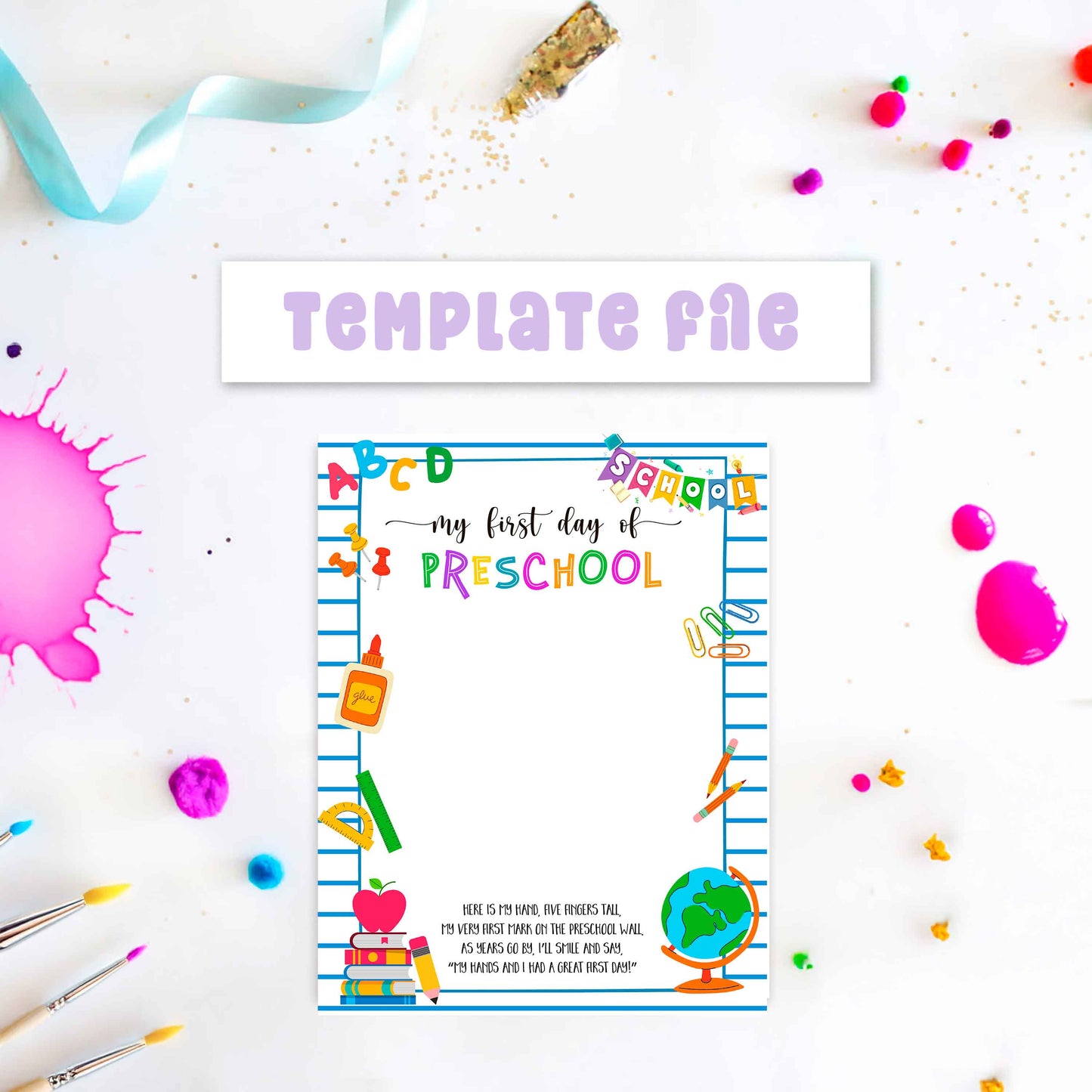 My First Day of Preschool printable handprint template, digital back-to-school art file for kids to add handprint