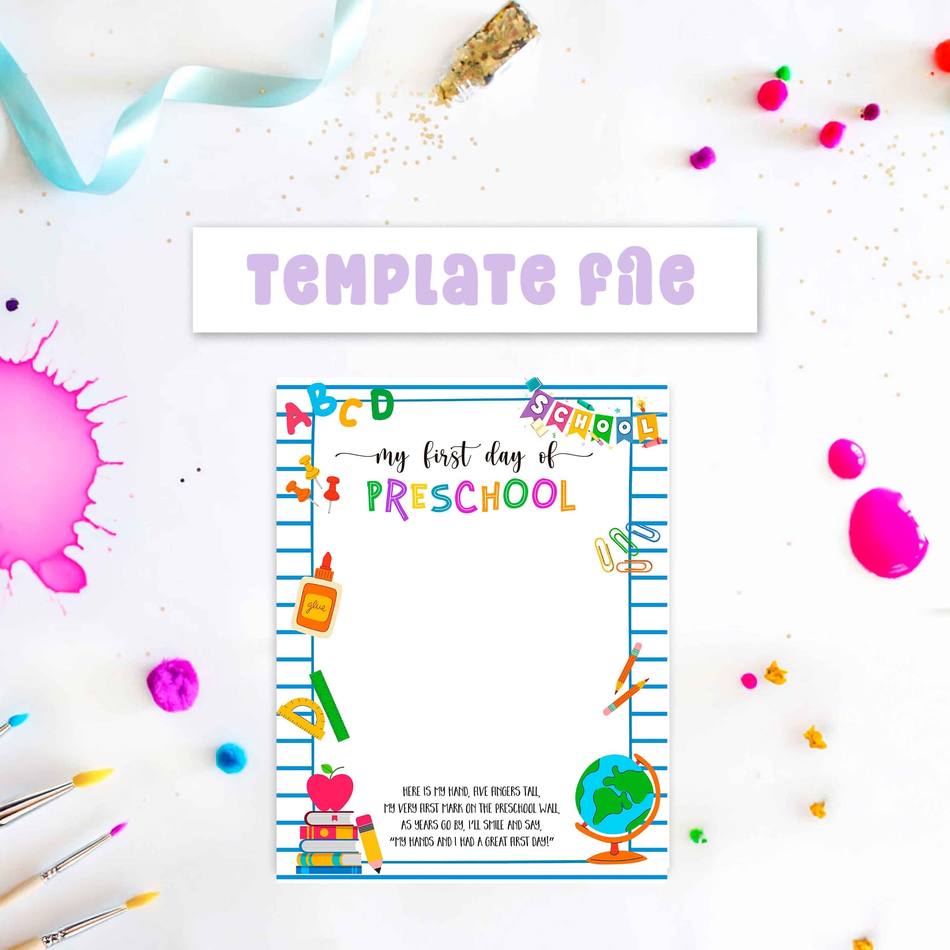 My First Day of Preschool printable handprint template, digital back-to-school art file for kids to add handprint