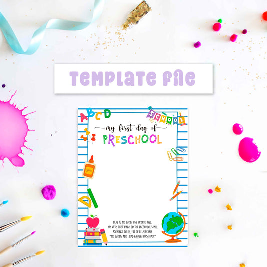 My First Day of Preschool printable handprint template, digital back-to-school art file for kids to add handprint