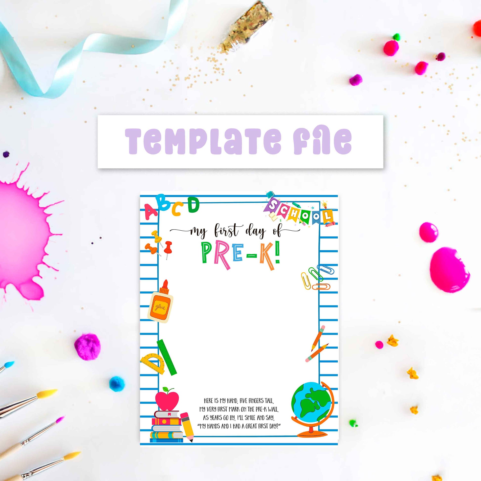 Printable handprint template for first day of Pre-K, colorful digital school-themed art file for preschoolers to add their handprint