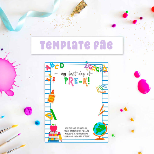 Printable handprint template for first day of Pre-K, colorful digital school-themed art file for preschoolers to add their handprint