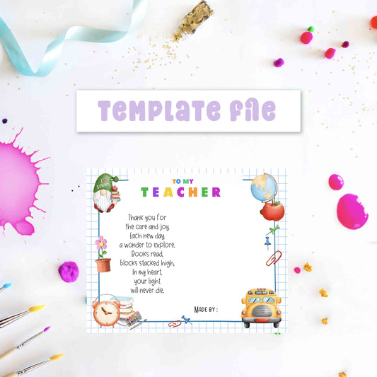 Colorful template file for a card to a teacher with various illustrations and text on a white background.