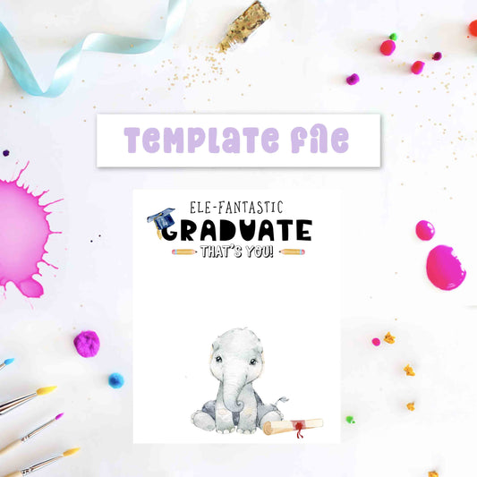 Graduation-themed card with an elephant and colorful decorations on a white background
