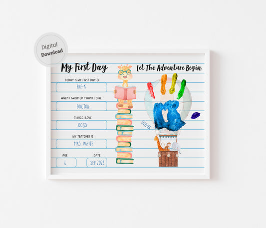 First day of School board printable Adventure begin handprint art template