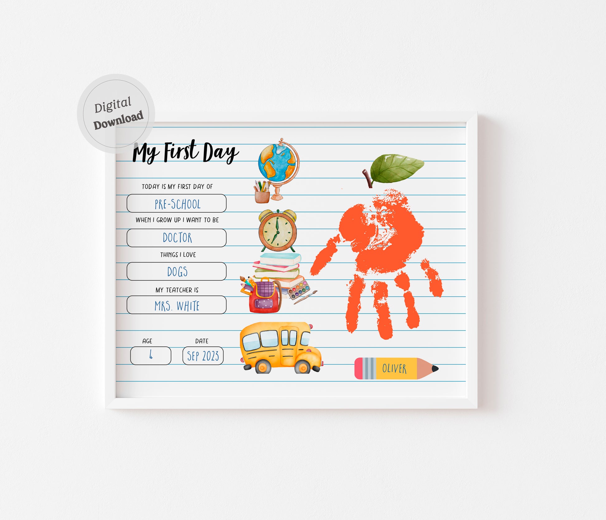 Apple handprint art 1st First day of School board template
