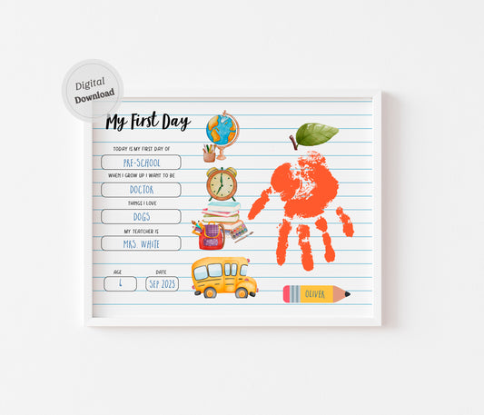 Apple handprint art 1st First day of School board template