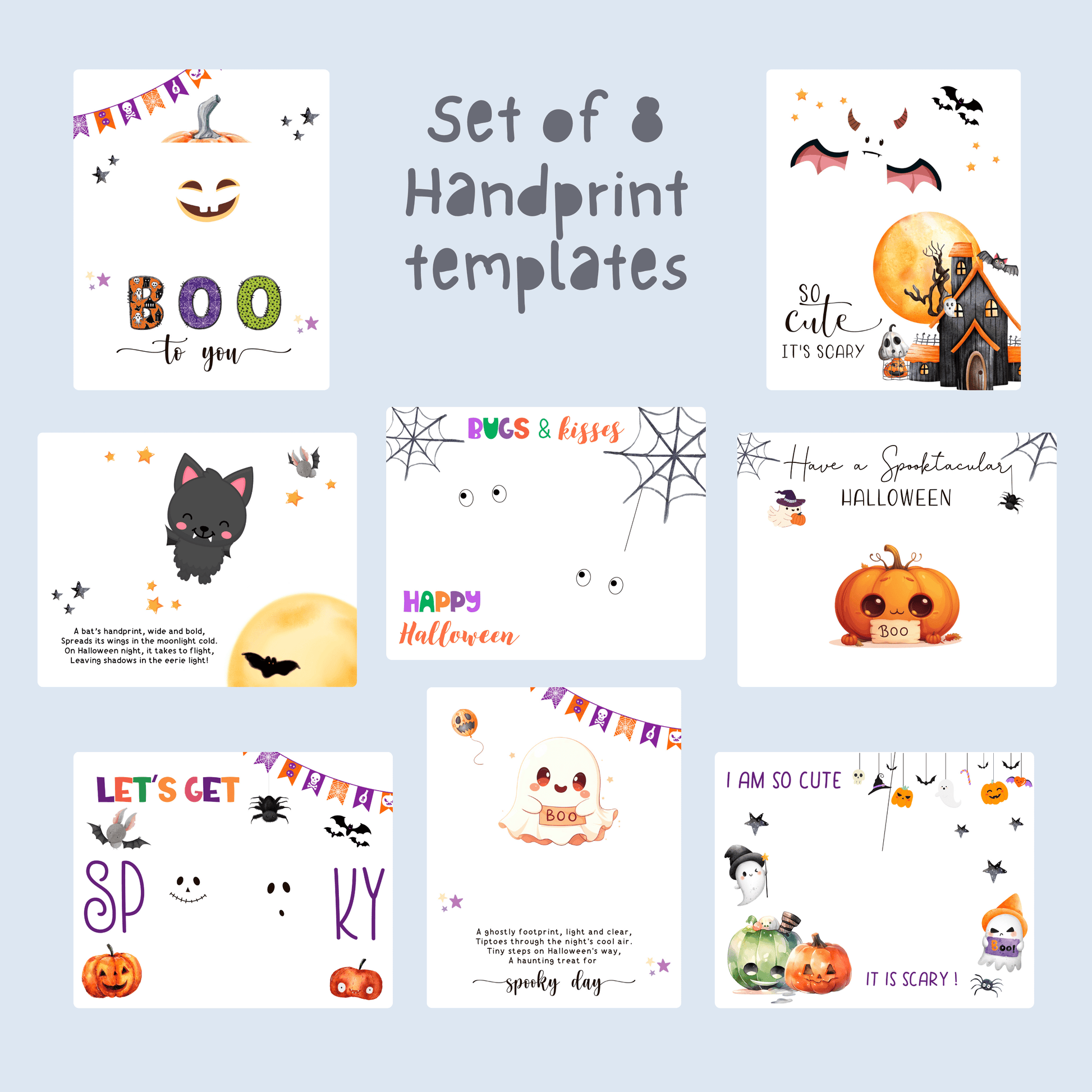 Preview of 8 Halloween printable templates for kids featuring handprints and footprints: pumpkins, ghost, bat, cat, llama, spiders, and friendly monsters.