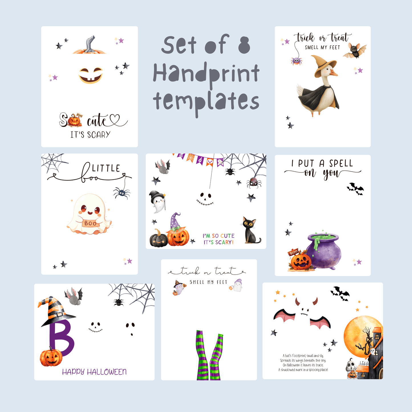 Set of 8 printable Halloween craft templates for toddlers and daycare, including handprint and footprint art with pumpkins, ghosts, and Halloween animals.