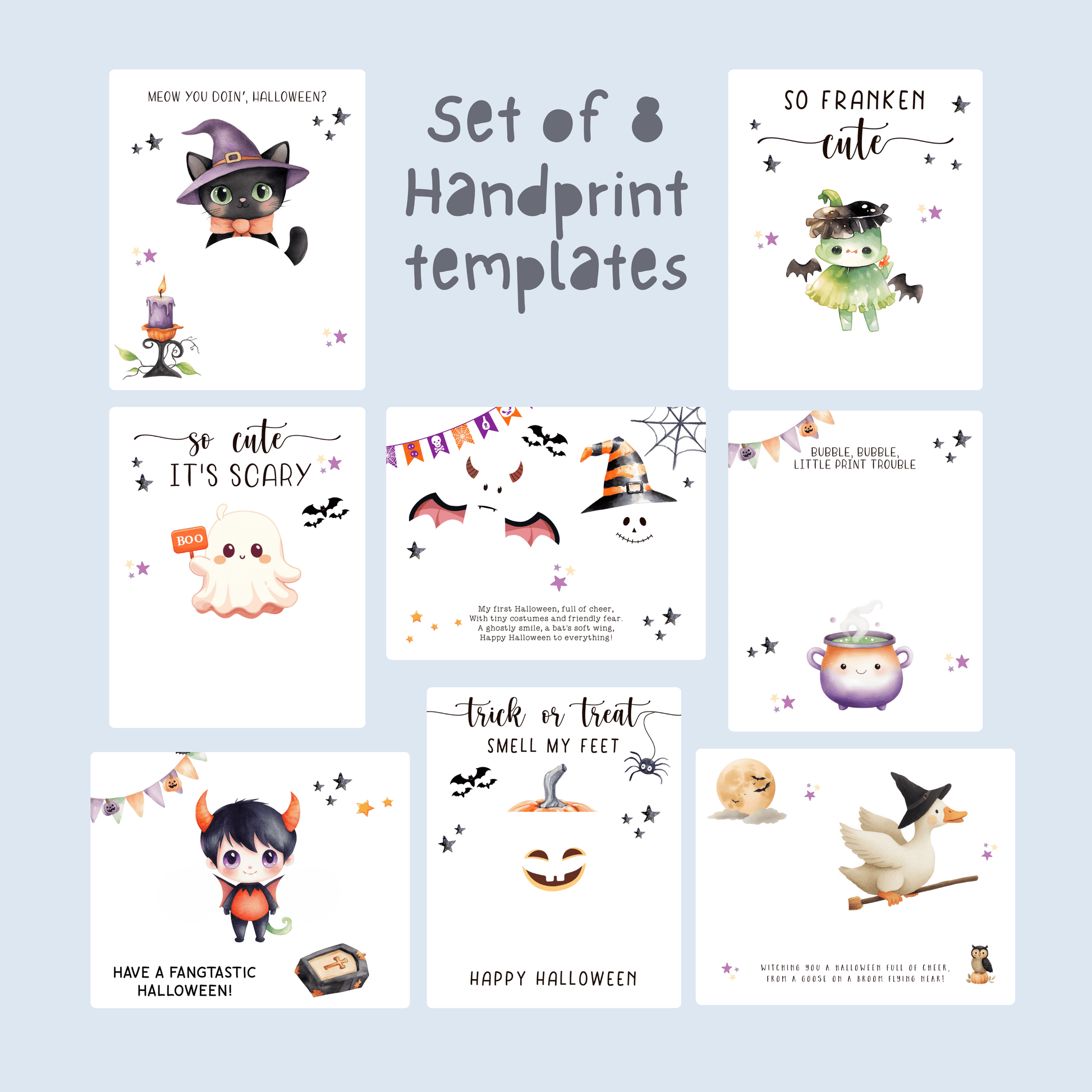 Printable Halloween baby footprint and handprint craft set with 8 designs: ghost, pumpkin, bat, llama, witch goose, and cauldron, for infants and newborns.