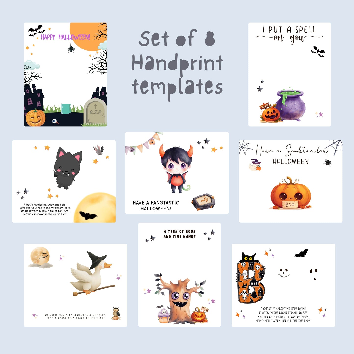 Printable Halloween handprint craft set with 8 cute and spooky designs: devil, cat, goose, tree, cauldron, bat, pumpkin, and spooky BOO letters.
