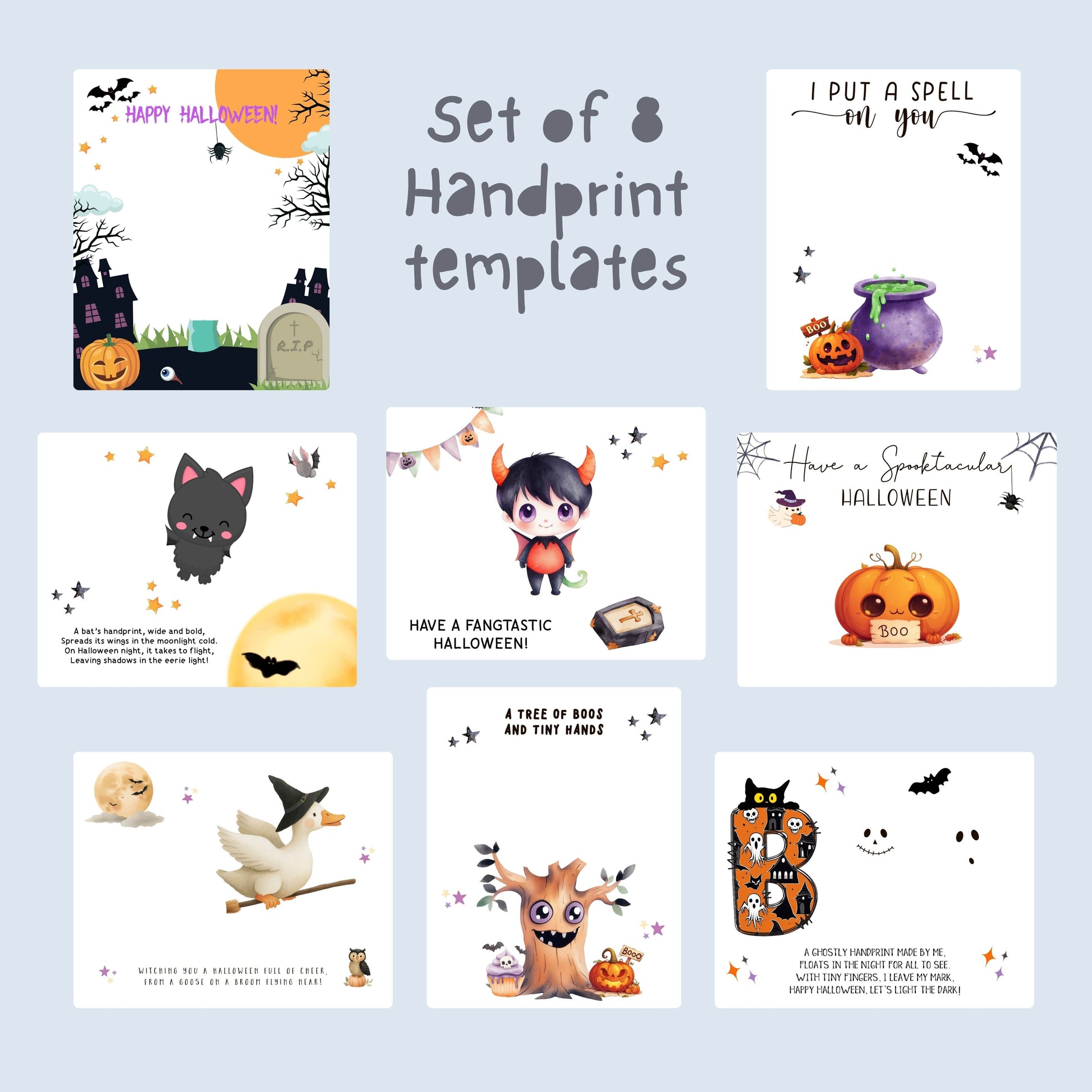Printable Halloween handprint craft set with 8 cute and spooky designs: devil, cat, goose, tree, cauldron, bat, pumpkin, and spooky BOO letters.