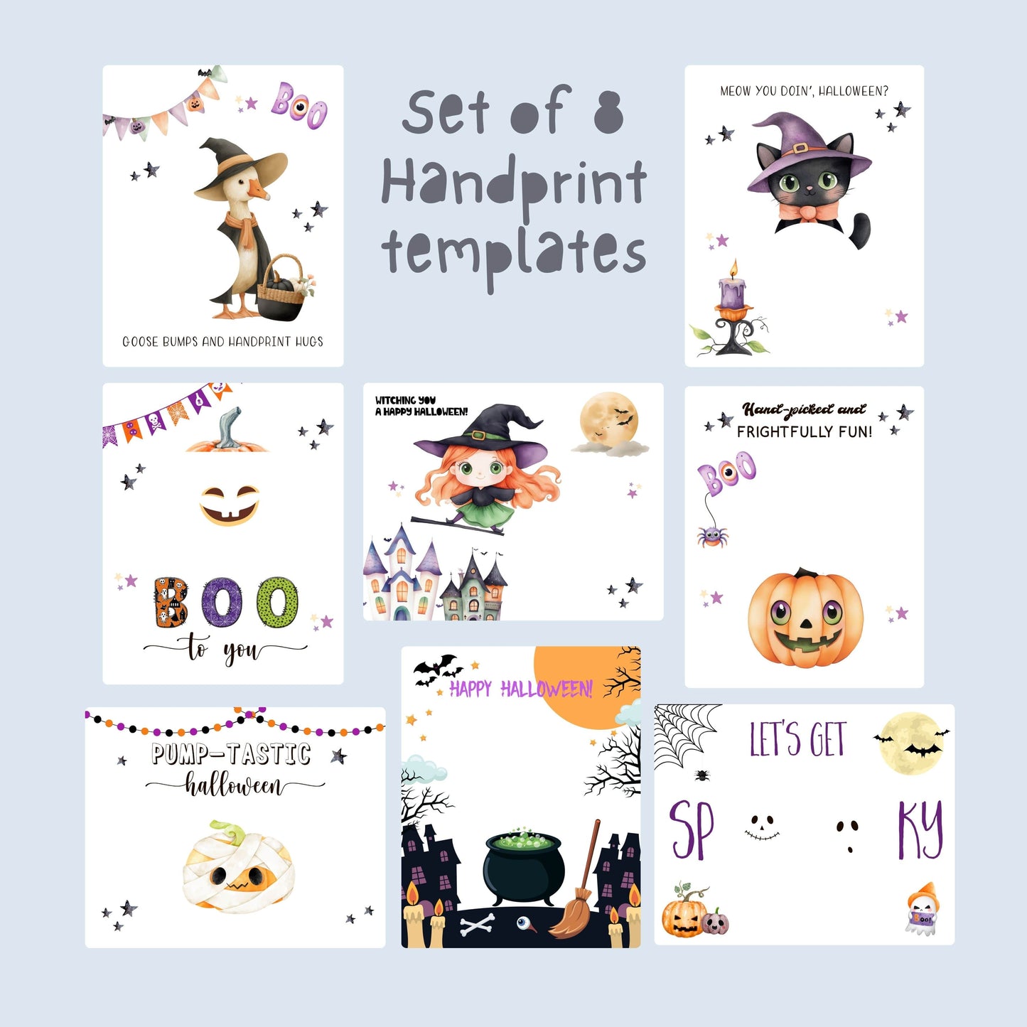 Set of 8 printable Halloween handprint art templates featuring witch, cat, pumpkins, cauldron, and festive goose with banners and spooky elements.