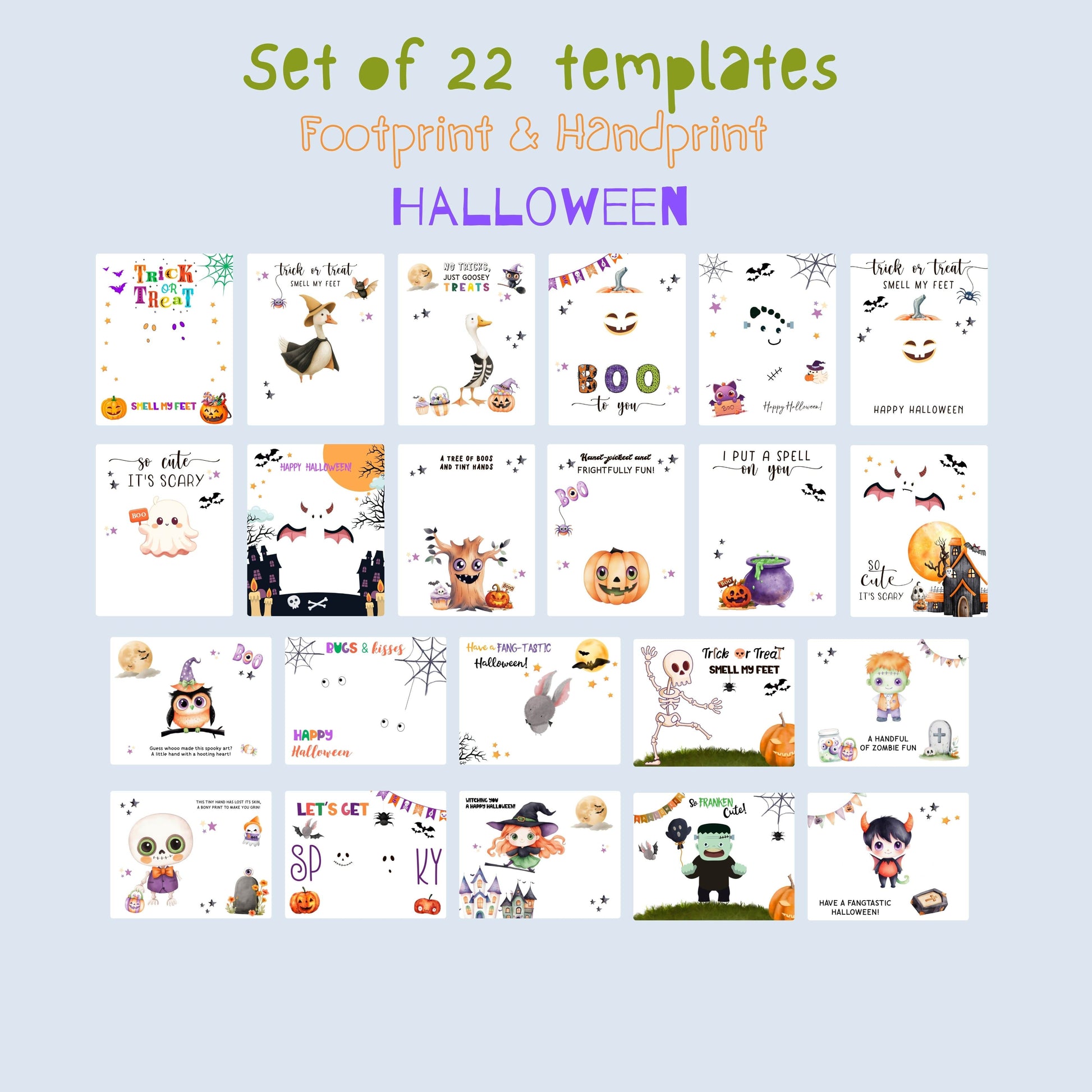 Printable Halloween handprint and footprint template set with 22 digital designs for kids crafts and baby keepsakes