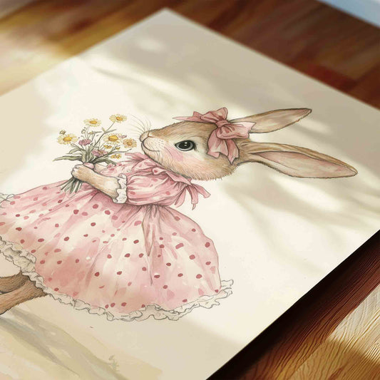 Pink Bunny Nursery Wall Art Set - Whimsical Vintage Cottagecore Prints for Baby Girl Room