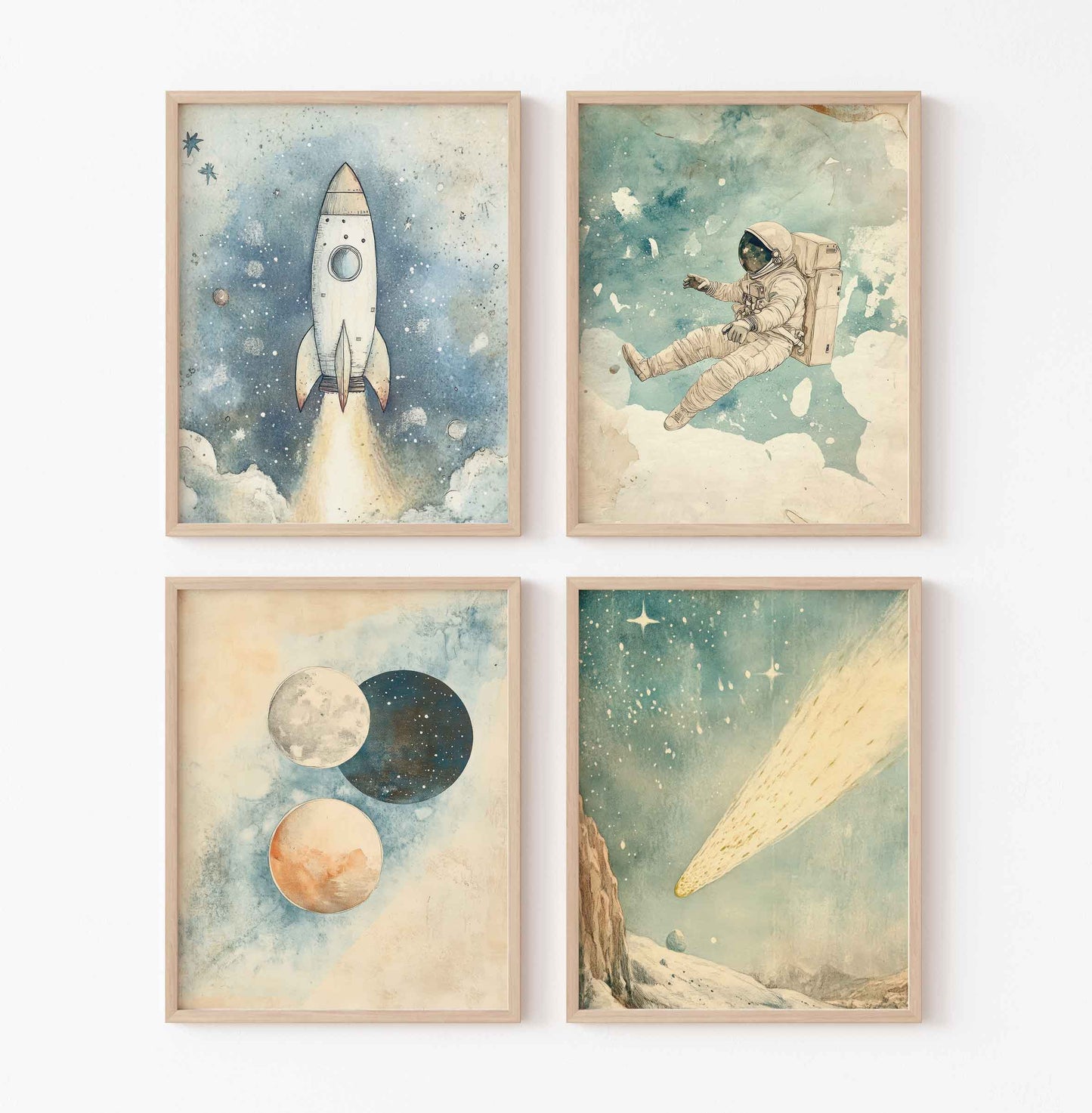 Set of four vintage space nursery prints with a rocket launching, astronaut floating, three planets in orbit, and a glowing meteor flying through a starry sky