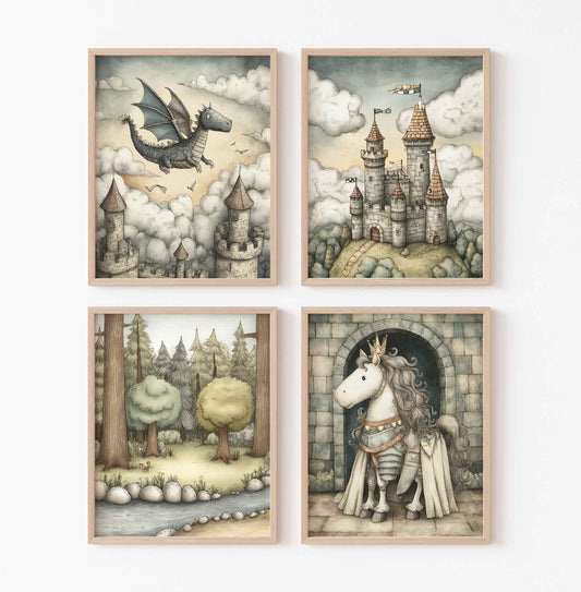 Set of four vintage-style nursery prints with a flying dragon, medieval castle, enchanted forest with stream, and royal knight horse in armor