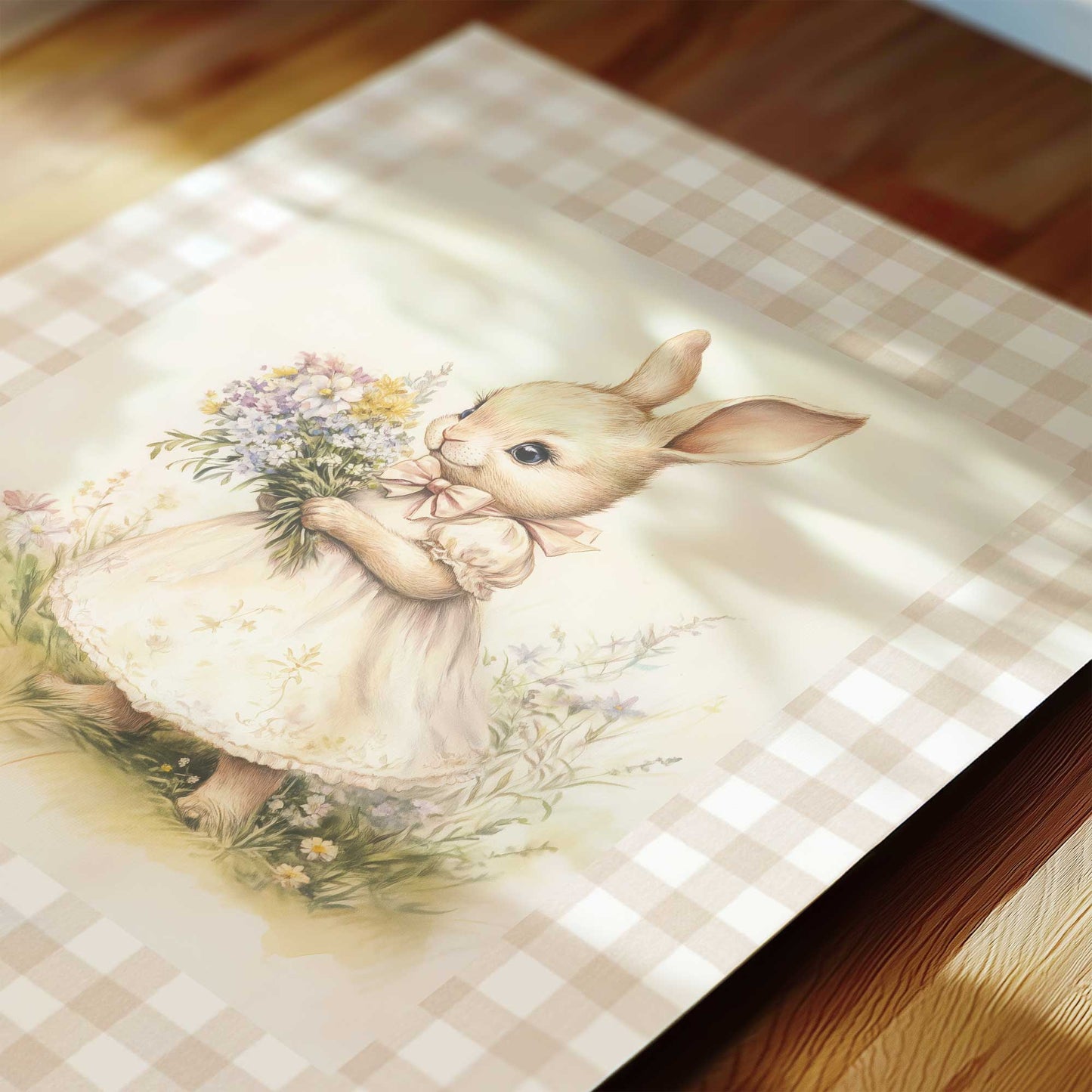 Set of six vintage nursery prints with a bunny in a dress, wildflowers, floral patterns, a dragonfly, and pastel botanical illustrations on beige backgrounds