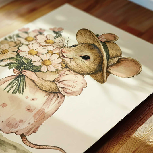 Illustration of a mouse holding flowers on a wooden surface