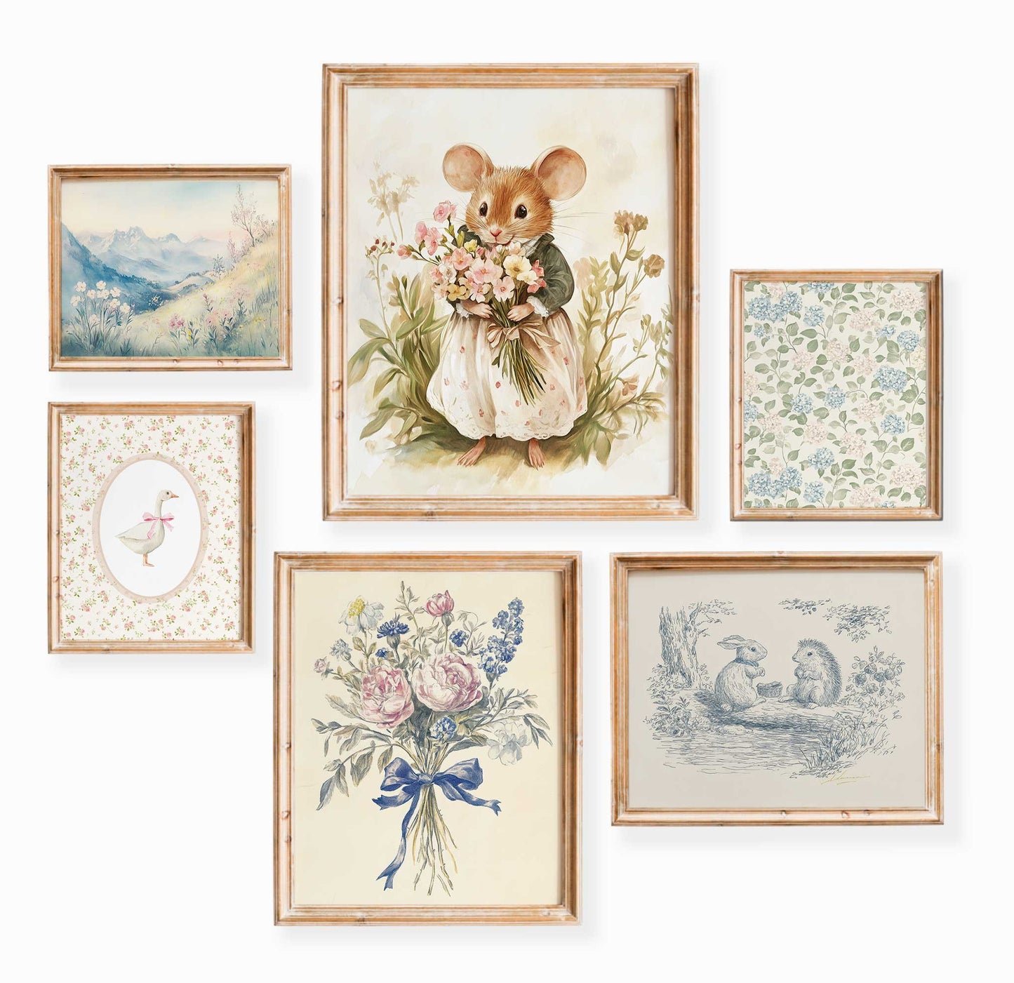 Set of six nursery prints with mouse holding flowers, blue ribbon floral bouquet, toile-style mice illustration, mountain landscape, goose, and vintage floral patterns