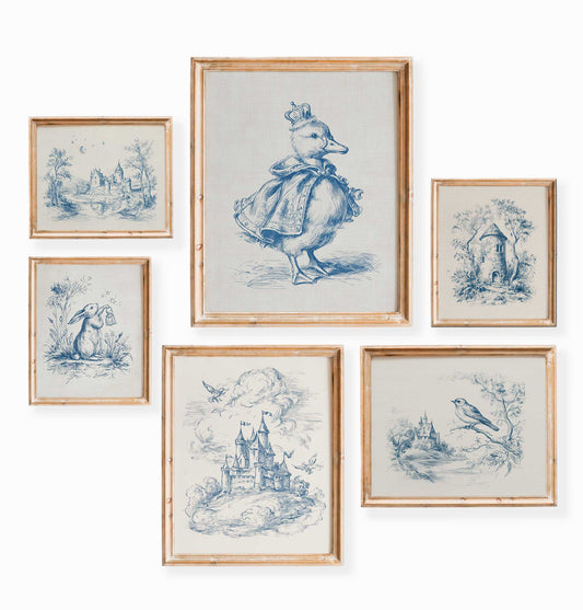 Blue Toile Nursery Wall Art Set with Duckling, Bunny and Castles