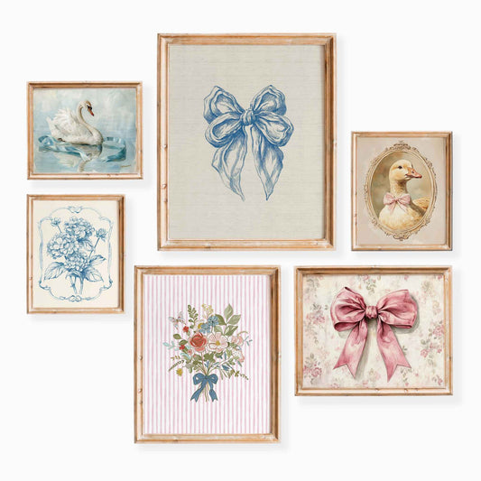 Add a graceful, coquette-inspired charm to your nursery with this soft and elegant set of six vintage-style prints. From delicate bows and romantic florals to a swan and a portrait duck in a pink ribbon, this collection blends whimsy with classic detail. Perfect for a girl’s nursery or a feminine vintage playroom, these prints create a timeless and dreamy wall gallery.
