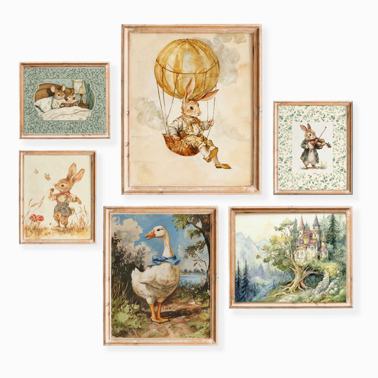 Vintage-style nursery wall art set of six prints with bunny in hot air balloon, storybook goose, castle in forest, and cozy woodland scenes for kids’ room.