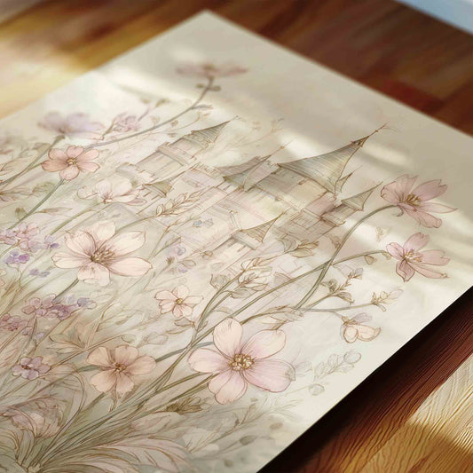 Vintage Fairy Castle Floral Nursery Wall Art Set for Girls Room Decor