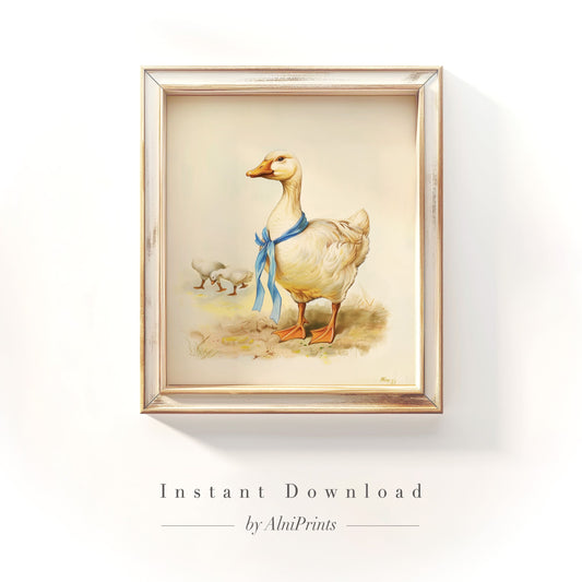 Goose with Blue Ribbon Nursery Print