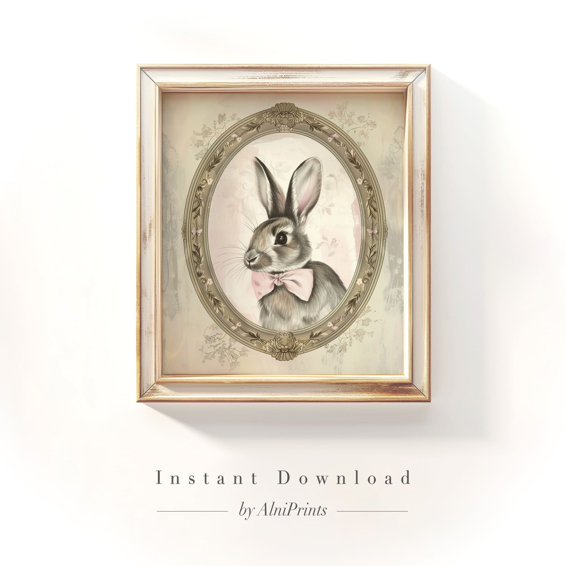 Vintage Bunny Painting with pink bow