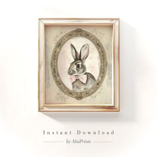 Vintage Bunny Painting with pink bow