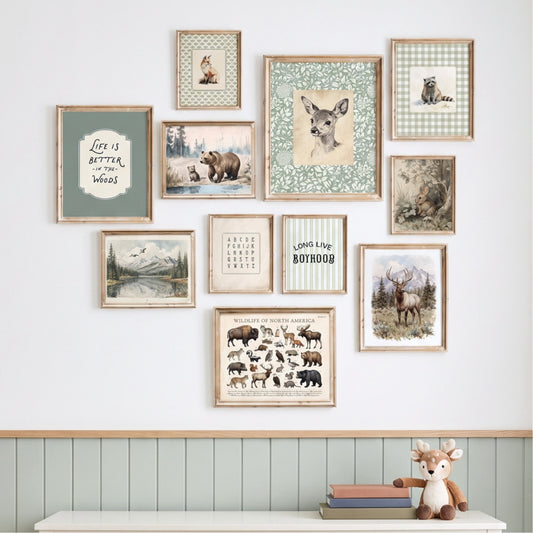 11 piece vintage woodland nursery gallery wall set featuring sage green forest animals, typography, and wildlife posters