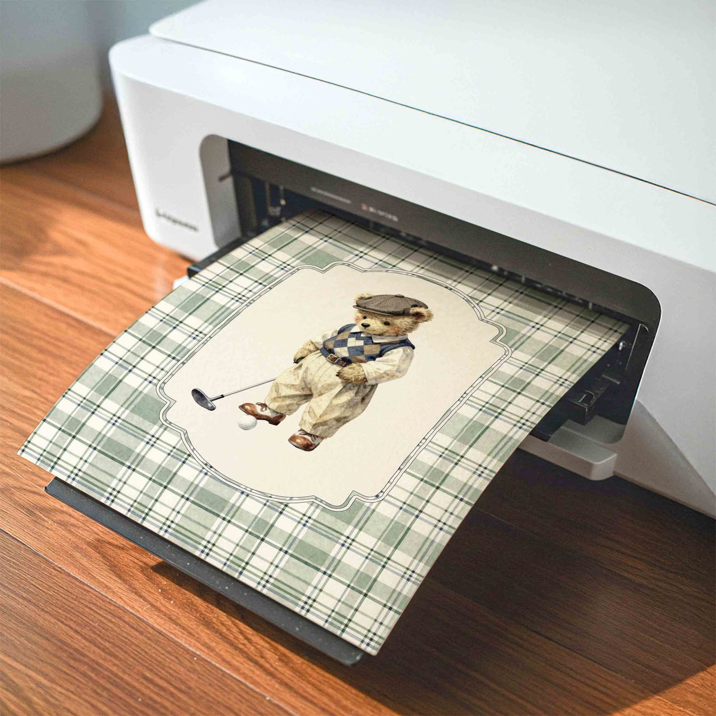 Classic teddy bear golf print in sage plaid for a preppy baby boy nursery gallery wall