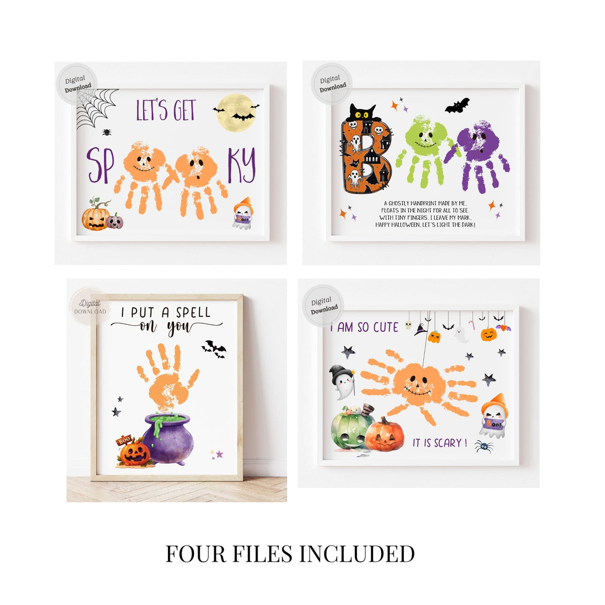 Halloween handprint art set of 4 spooky templates with cauldron, spider, and ghost designs