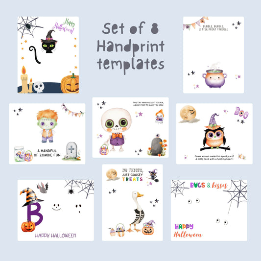 Toddler Halloween handprint art templates with skeleton, owl, zombie, and spider designs