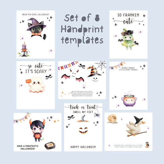 Baby and toddler Halloween handprint art with Frankenstein, witch cat, and ghost footprint designs