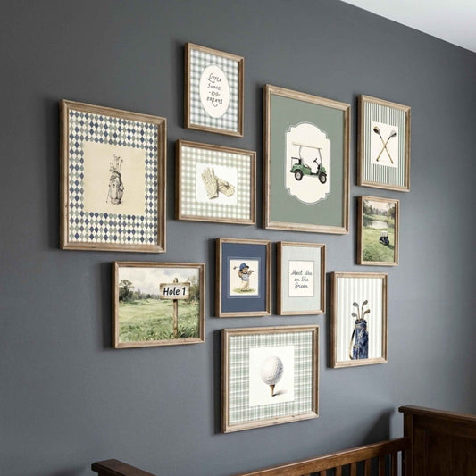 11 piece country club golf nursery wall art set featuring golf carts, plaid patterns and sports quotes