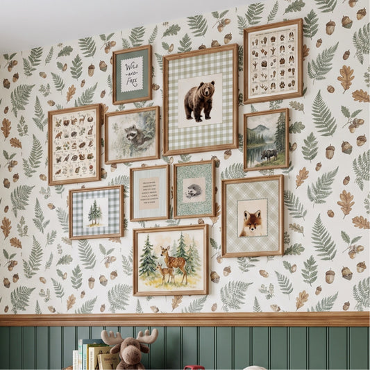 11 piece nature alphabet and forest tracks nursery wall art set featuring deer, raccoon, bear and woodland animals