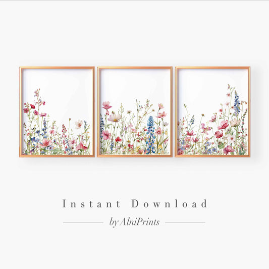 Wildflower Meadow Wall Art – Botanical Triptych Set