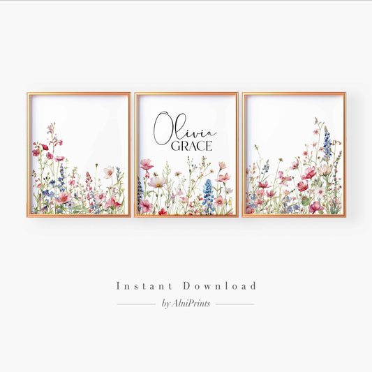 Personalized Wildflower Wall Art – Custom Name Nursery Print
