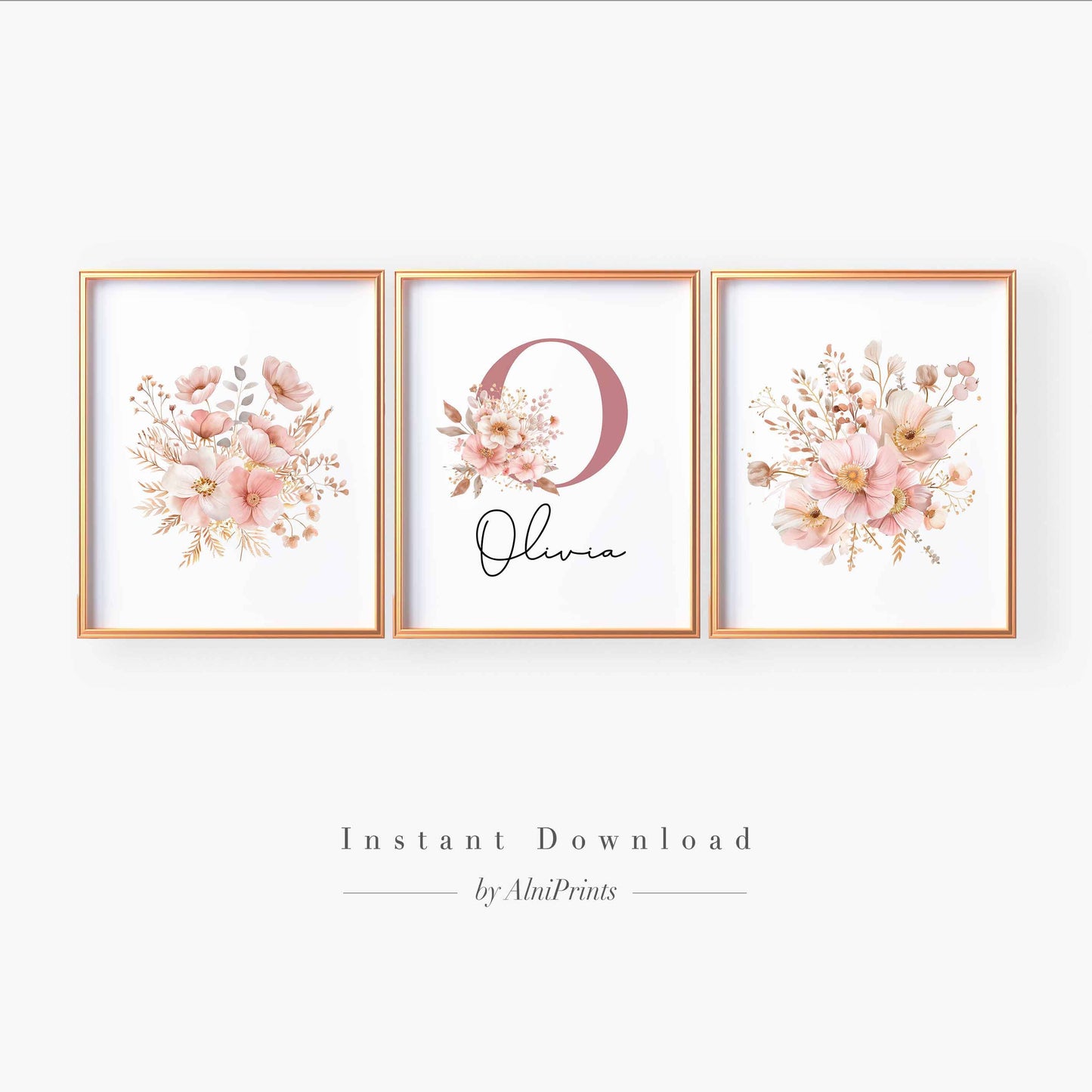 Blush Floral Name Wall Art – Personalized Nursery Print Set