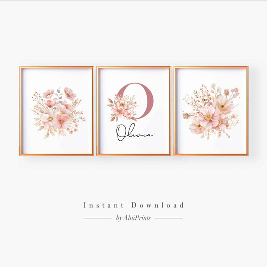 Blush Floral Name Wall Art – Personalized Nursery Print Set