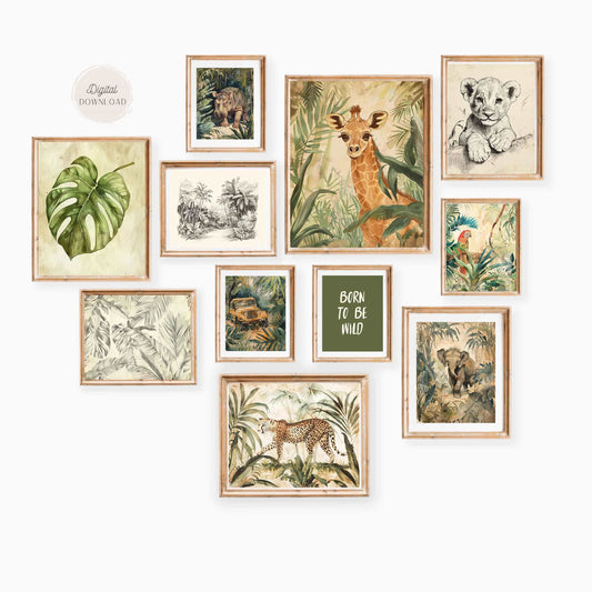 Vintage Safari Animals Gallery Wall Art - Set of 11