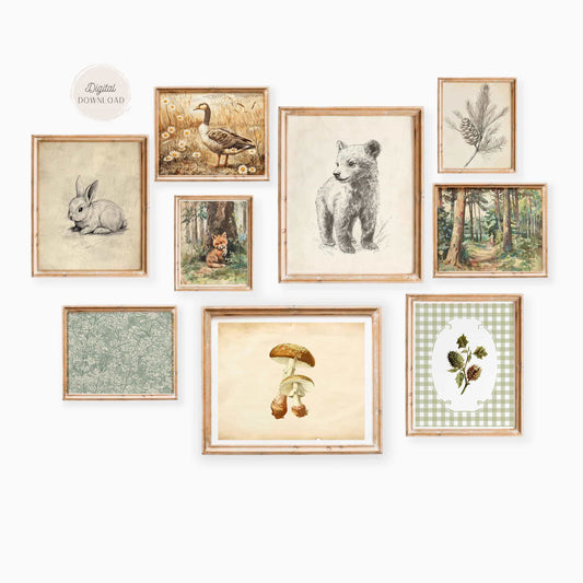 Vintage Woodland Nature wall art  - Set of 9
