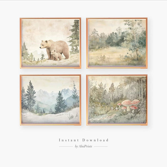 Bear mom with baby print, Woods and mountains print, mushroom print